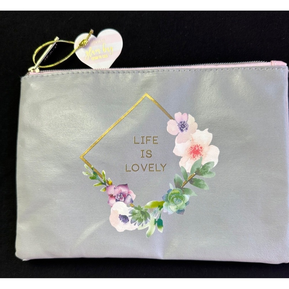Lady Jayne Grey 8"x 6" Cosmetic Glam Bag Zip Top Flowers "Life is Lovely" NEW